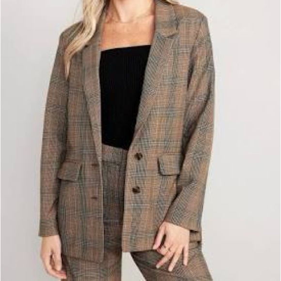 Old Navy Plaid Relaxed Blazer Suit Jacket Plus Size XXL Brown Neutral Academia - Picture 1 of 9